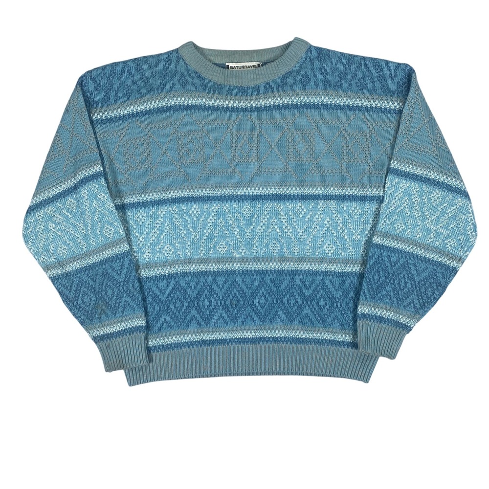 Vintage Saturdays Sweater Mens Medium Blue Geometric Fair Isle Knit Crewneck
